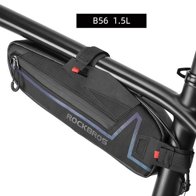 Bike frame bag under top tube RockBros waterproof 1.5L bag with black body and blue trim on Tampa Home & Garden Store