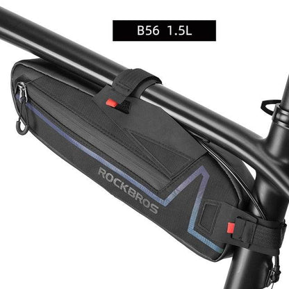 Bike frame bag under top tube RockBros waterproof 1.5L bag with black body and blue trim on Tampa Home & Garden Store