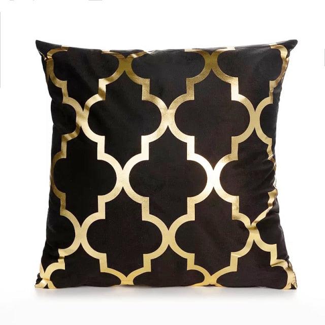 Stevvex decorative pillow black with gold quatrefoil lattice pattern, square cushion on Tampa Home & Garden Store