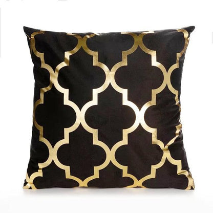 Stevvex decorative pillow black with gold quatrefoil lattice pattern, square cushion on Tampa Home & Garden Store