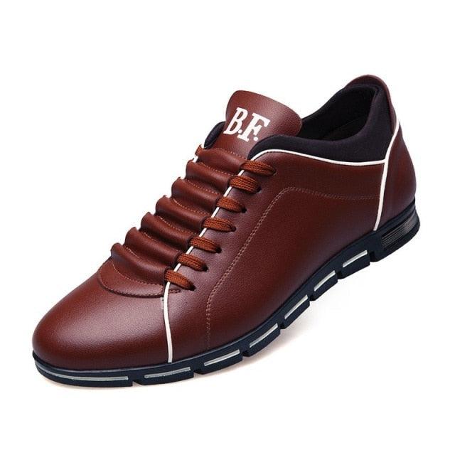 Stevvex men's brown leather casual sneakers with white piping, lace-up, round toe, segmented sole on Tampa Home & Garden Store