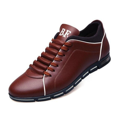 Stevvex men's brown leather casual sneakers with white piping, lace-up, round toe, segmented sole on Tampa Home & Garden Store