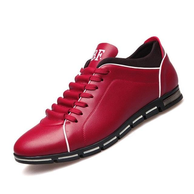 New Mens Leather Sneakers Stevvex red leather lace-up round toe with black segmented sole on Tampa Home & Garden Store
