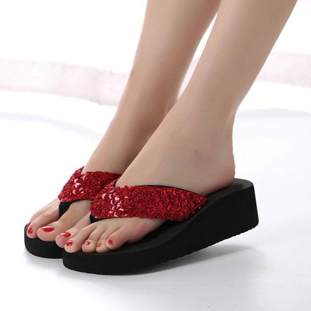Red sequined strap flip flops with black platform sole for women open-toe sandals on Tampa Home & Garden Store