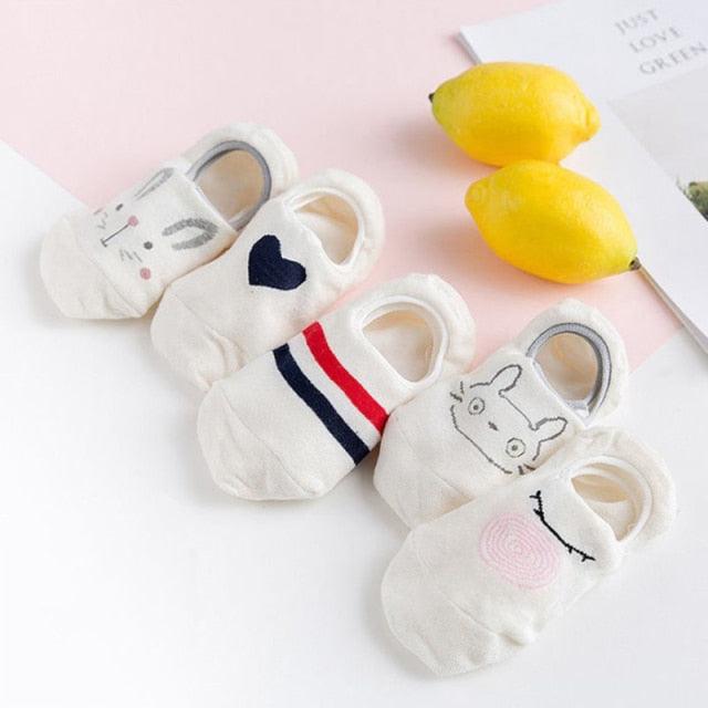 5-pair Stevvex ankle socks set with Harajuku animal designs in white low-cut socks on Tampa Home & Garden Store