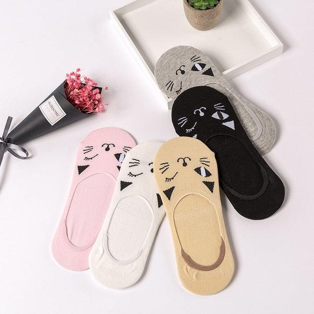 Stevvex 5-pair animal ankle socks set; pink white beige grey black with cat dog panda faces on Tampa Home & Garden Store