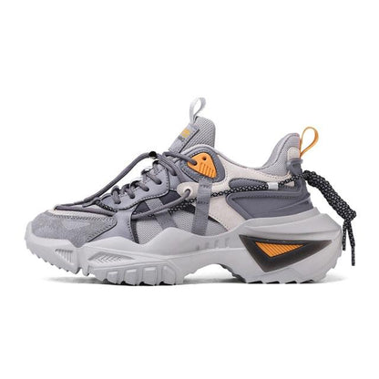 Stevvex mens chunky grey sneakers with thick sole, orange accents, lace-up, pull tabs on Tampa Home & Garden Store