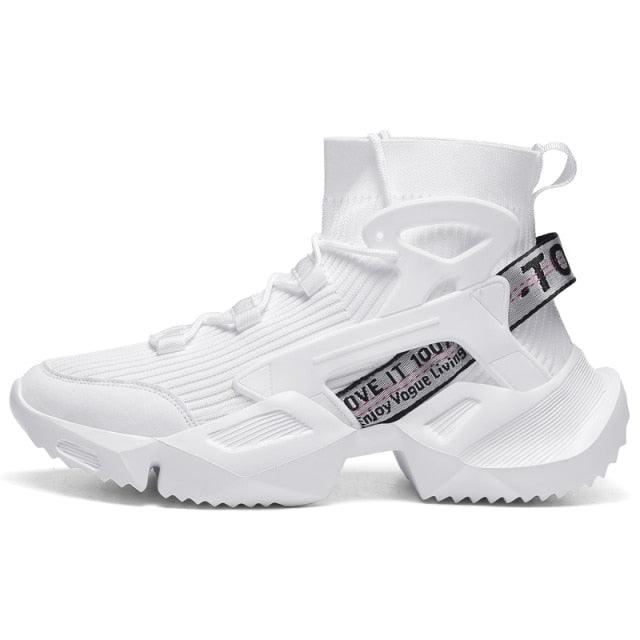 Stevvex men's white high-top mesh sneakers with chunky sole, pull tab and strap detail on Tampa Home & Garden Store