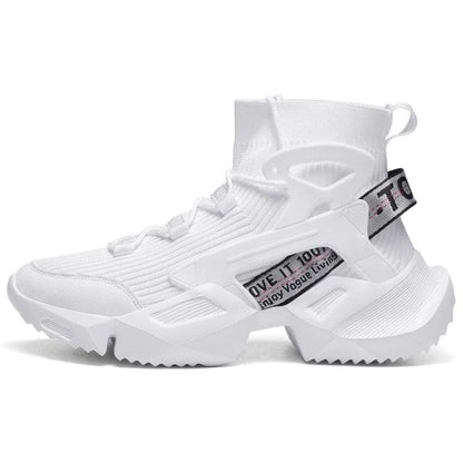 Stevvex men's white high-top mesh sneakers with chunky sole, pull tab and strap detail on Tampa Home & Garden Store