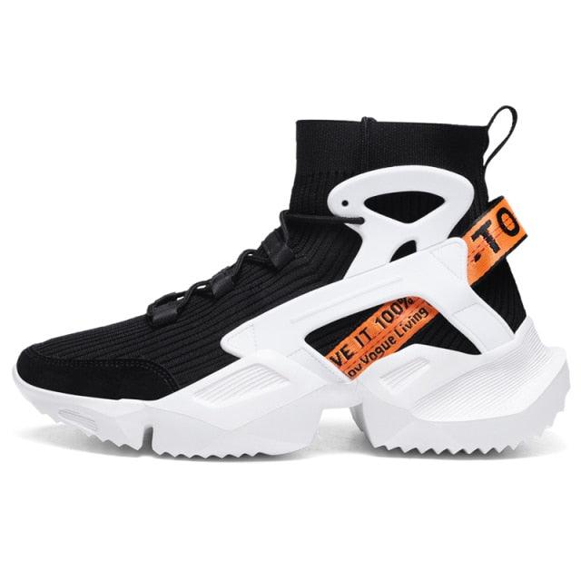 Stevvex mens high top mesh sneakers black knit upper white chunky sole orange strap on Tampa Home & Garden Store