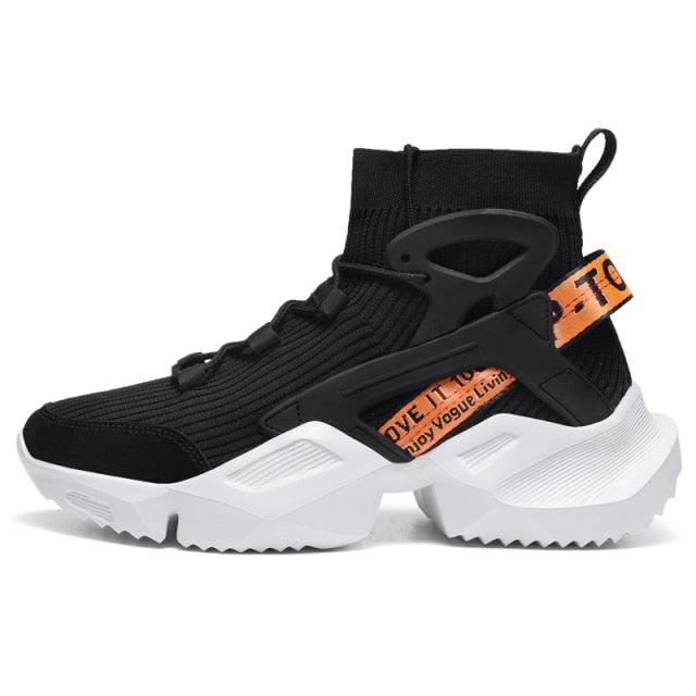 Stevvex mens black high-top sneakers with knit mesh upper, orange strap, chunky white sole on Tampa Home & Garden Store
