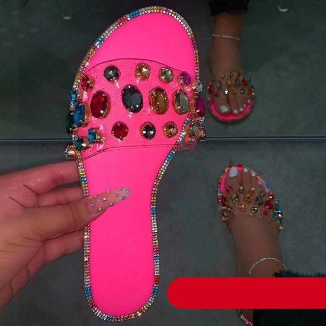 Stevvex pink rhinestone slides with crystal gems; open-toe flat sandals, 2 sandals shown on Tampa Home & Garden Store