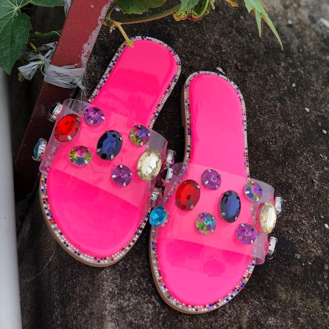 Stevvex pink rhinestone slides with clear straps, open-toe sandals, 2-piece set on Tampa Home & Garden Store