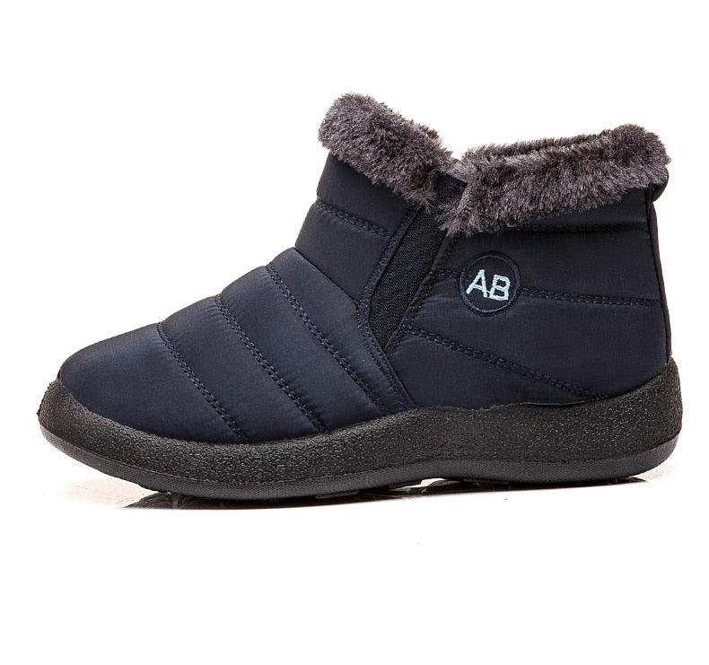 Stevvex women's waterproof slip-on snow boot navy fur-lined ankle boot AB patch on Tampa Home & Garden Store