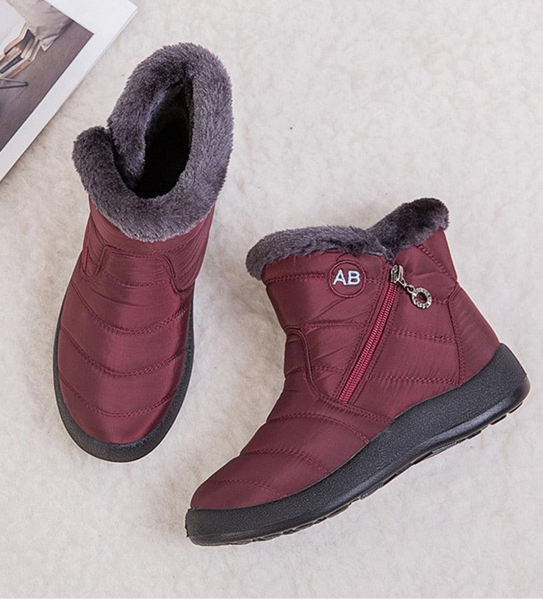 Women waterproof snow boots burgundy quilted fur-lined with side zip, AB logo, black sole on Tampa Home & Garden Store