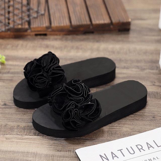 Stevvex women's black bow sandals with fabric flower rosettes, flat sole slide sandals on Tampa Home & Garden Store