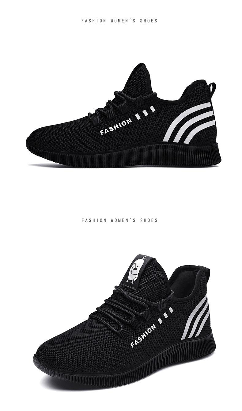 Stevvex women's black mesh athletic shoes with FASHION and heel stripes (2 views) on Tampa Home & Garden Store