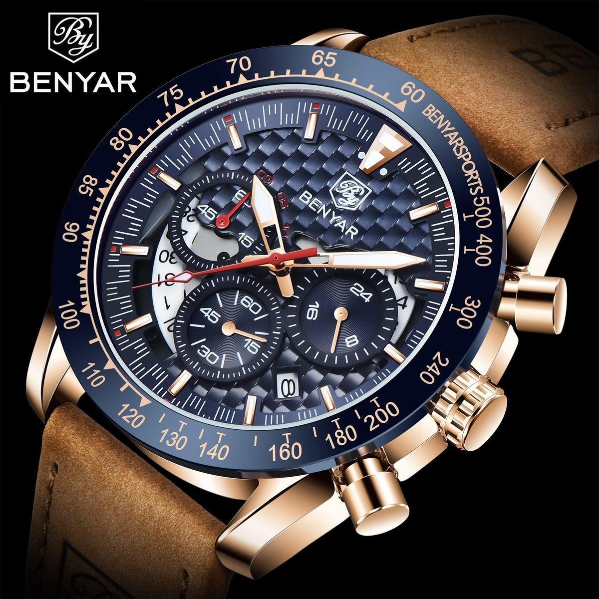ST12LUX35 men's luxury watch blue bezel gold-tone case leather strap chronograph BENYAR on Tampa Home & Garden Store