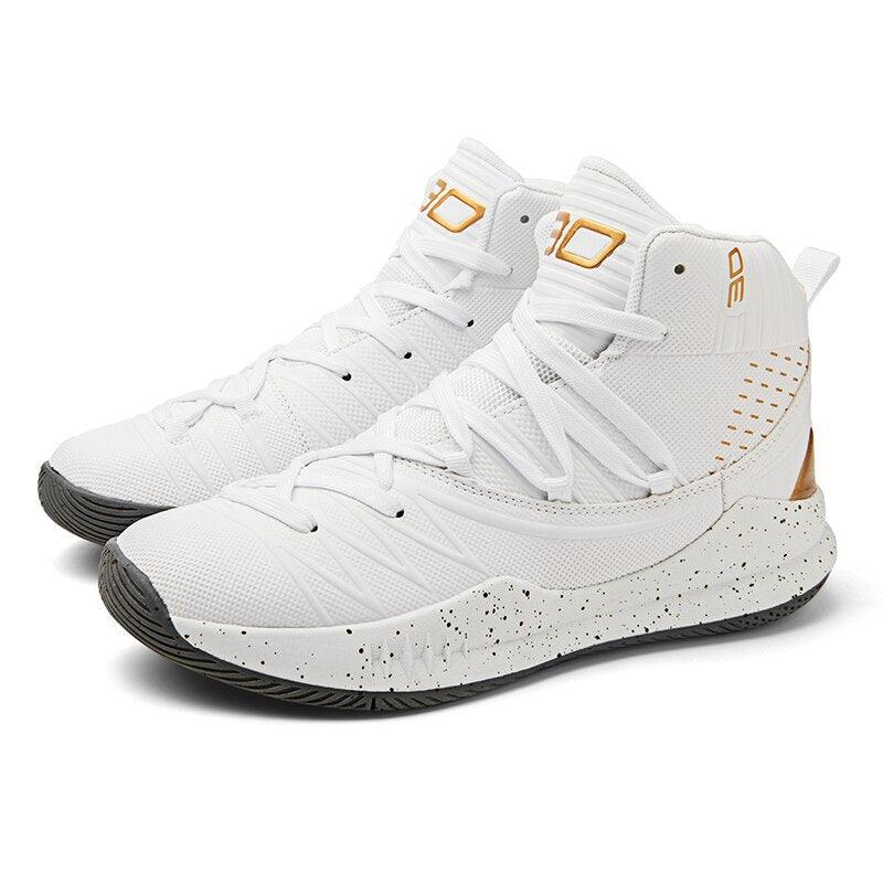 Stevvex white high-top basketball sneakers with gold logo, breathable mesh, speckled midsole on Tampa Home & Garden Store