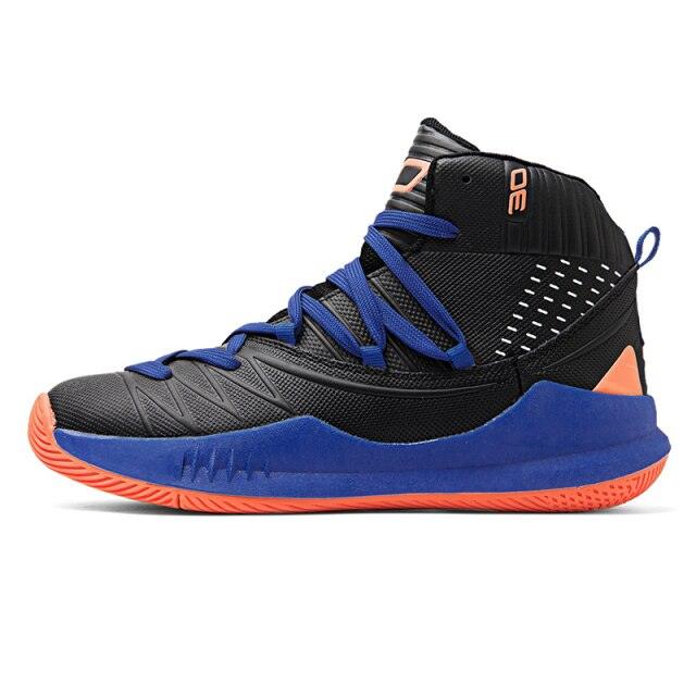 Basketball Shoes Stevvex black high-top with blue laces and blue midsole, orange outsole on Tampa Home & Garden Store
