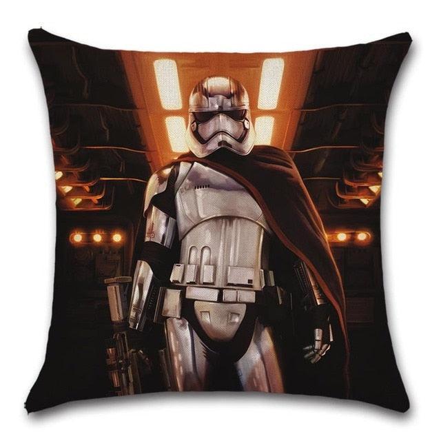 Throw pillow cover with a white armored robot wearing a cape in a sci-fi setting on Tampa Home & Garden Store
