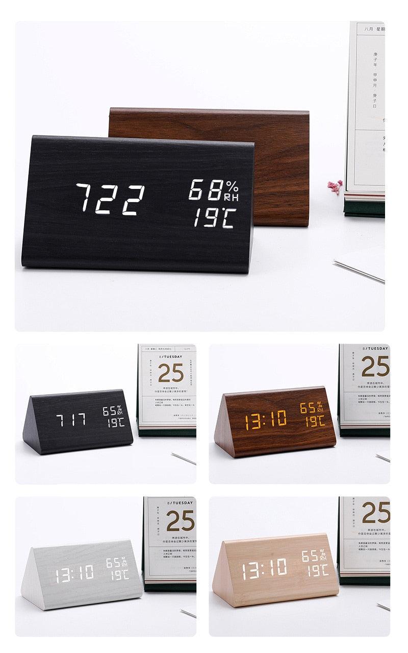 Set of five Stevvex wooden LED alarm clocks in assorted finishes displaying time on desk on Tampa Home & Garden Store
