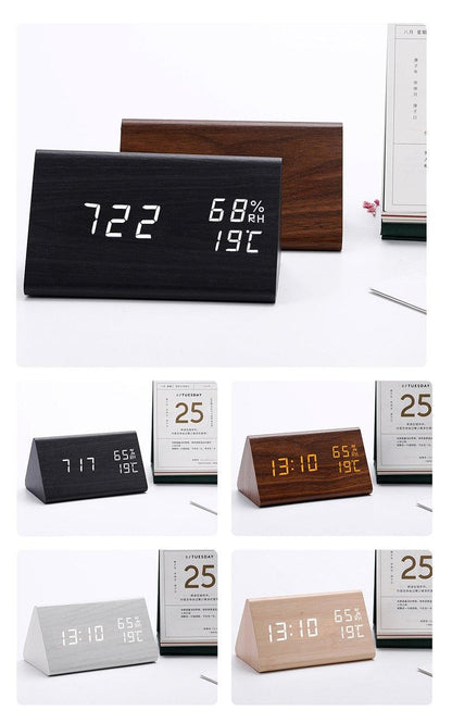 Set of five Stevvex wooden LED alarm clocks in assorted finishes displaying time on desk on Tampa Home & Garden Store