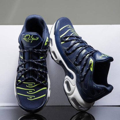 Stevvex air cushion men's sport running shoes navy blue with neon lime accents on Tampa Home & Garden Store