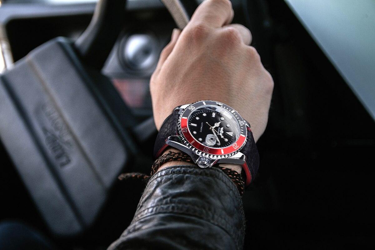 Stevvex ST128STEXUM2 men's watch with red bezel and black dial luminous hands leather strap on Tampa Home & Garden Store