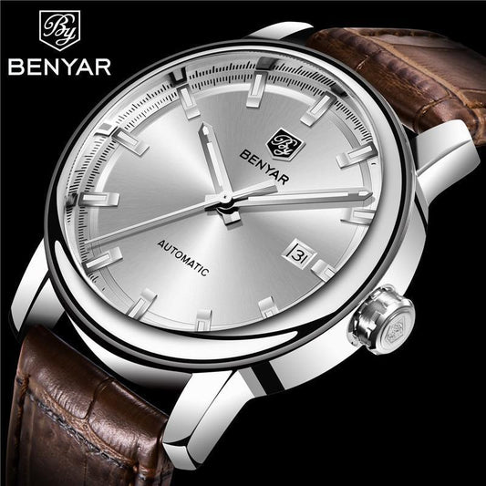 Benyar automatic luxury wristwatch with brown leather strap and date window on Tampa Home & Garden Store