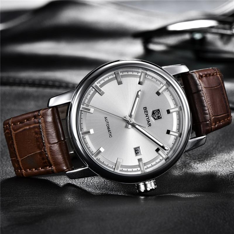 Men's automatic wristwatch with silver dial, brown leather strap, BENYAR branding, date window on Tampa Home & Garden Store
