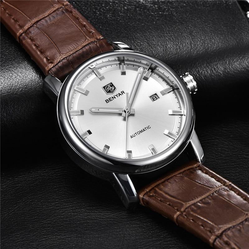 Men's automatic wristwatch with silver dial and brown genuine leather strap Benyar on Tampa Home & Garden Store