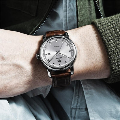 Stevvex ST355KNUZIKI5 men's wristwatch with silver dial and brown leather strap on wrist on Tampa Home & Garden Store