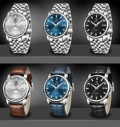 Six Benyar automatic men's watches set with stainless steel bracelets and leather straps on Tampa Home & Garden Store