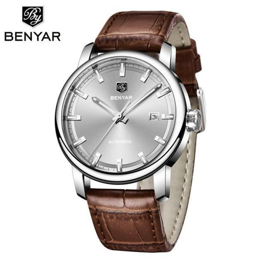 Men's automatic stainless steel watch with brown leather strap, silver dial and date BENYAR on Tampa Home & Garden Store
