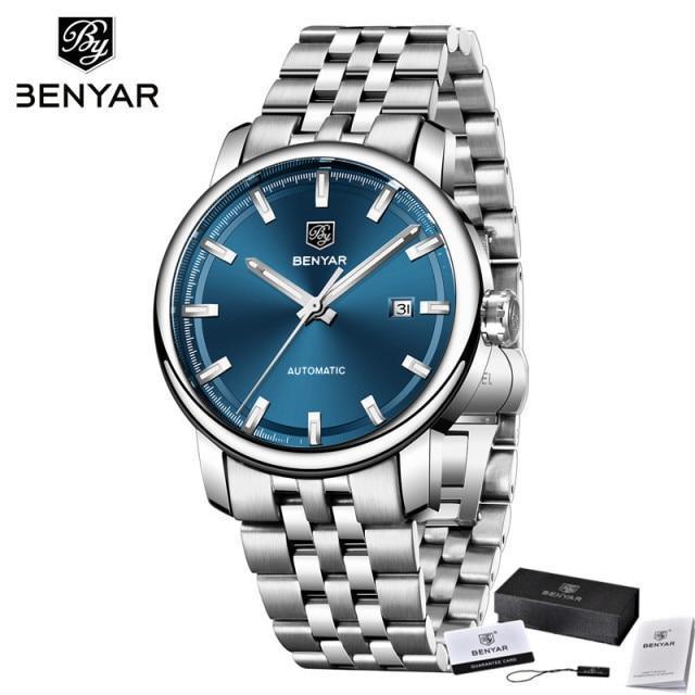 Benyar automatic men's wristwatch with blue dial and stainless steel bracelet on Tampa Home & Garden Store