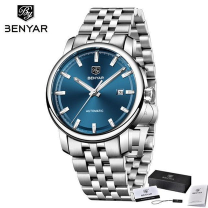 Benyar automatic men's wristwatch with blue dial and stainless steel bracelet on Tampa Home & Garden Store