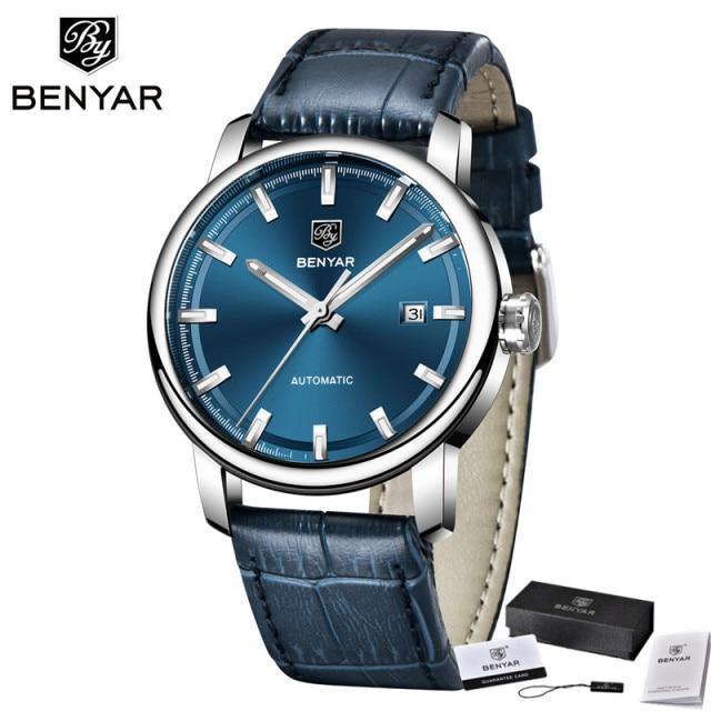 BENYAR automatic men's wristwatch blue dial, leather strap, stainless steel case, date window on Tampa Home & Garden Store
