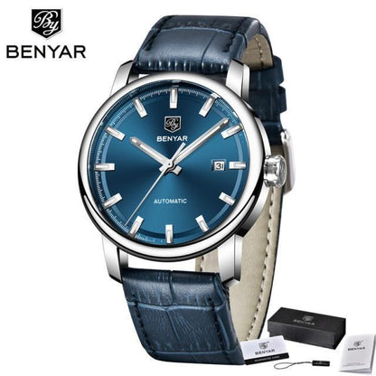 BENYAR automatic men's wristwatch blue dial, leather strap, stainless steel case, date window on Tampa Home & Garden Store