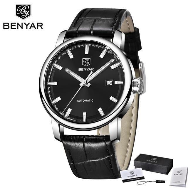 Benyar automatic men's wristwatch with black dial, genuine leather strap, stainless steel case on Tampa Home & Garden Store