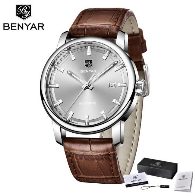 BENYAR men's automatic wristwatch with silver dial and brown leather strap on Tampa Home & Garden Store