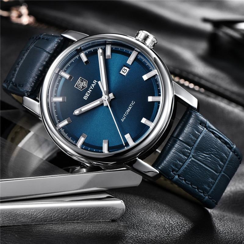 Sport watch Benyar automatic blue dial with genuine blue leather strap stainless steel case on Tampa Home & Garden Store