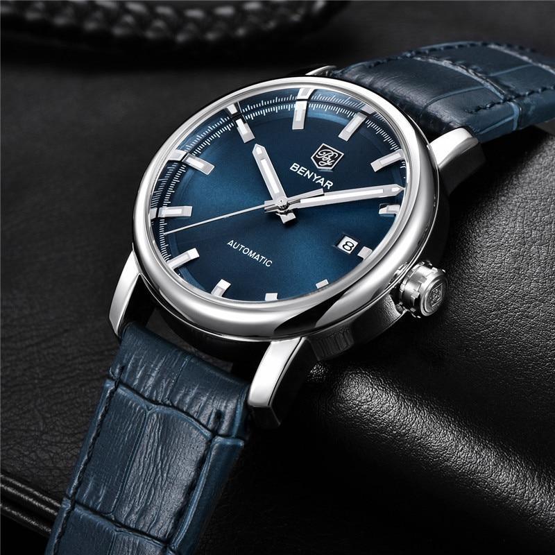Classic New Sport Watch blue dial automatic men's wristwatch with blue leather strap Benyar on Tampa Home & Garden Store