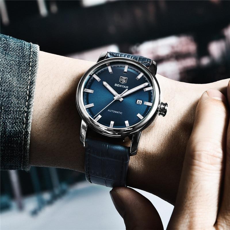Stevvex automatic men's wristwatch with blue dial, date window, leather strap on Tampa Home & Garden Store
