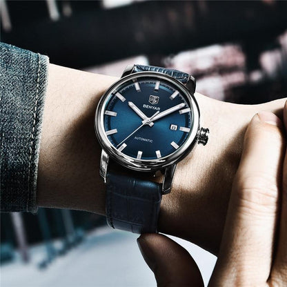 Stevvex automatic men's wristwatch with blue dial, date window, leather strap on Tampa Home & Garden Store