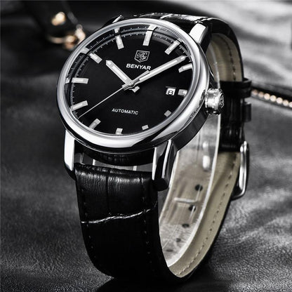 Benyar automatic men's wristwatch with black dial and black leather strap on Tampa Home & Garden Store