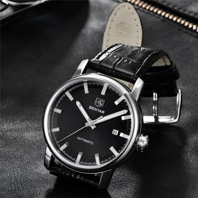 Men's Benyar automatic wristwatch with black dial, silver case, date window, genuine leather strap on Tampa Home & Garden Store