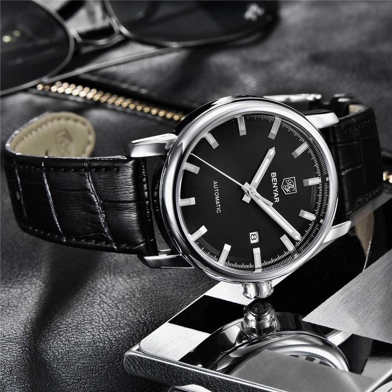 Stevvex automatic luxury men's watch, black dial, leather strap, steel case, date window on Tampa Home & Garden Store