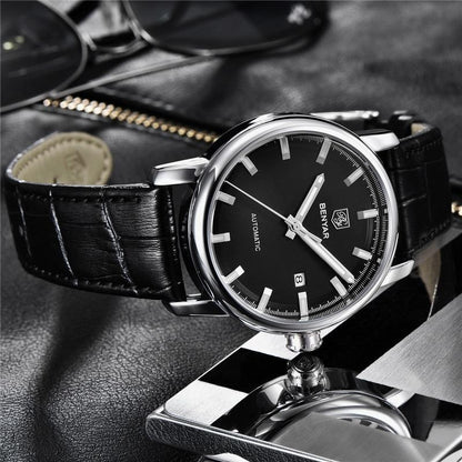 Stevvex automatic luxury men's watch, black dial, leather strap, steel case, date window on Tampa Home & Garden Store
