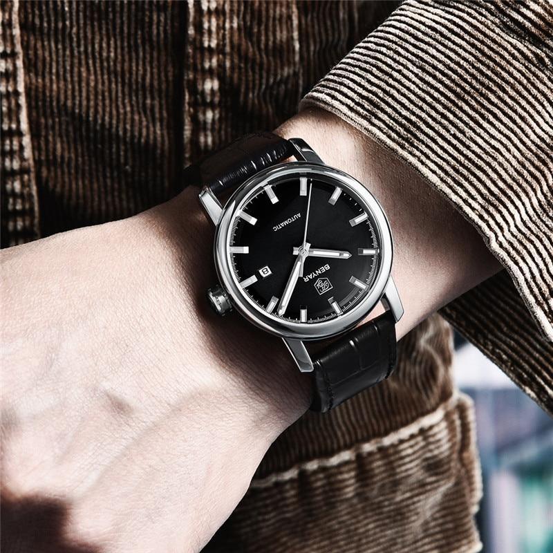 Stevvex Classic New Sport Watch automatic black dial, silver case, leather strap on Tampa Home & Garden Store